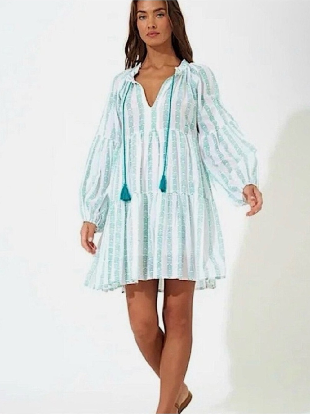 Oliphant Balloon Long Sleeve Short Mini Dress Tassel 100% Cotton Archer Green XS
